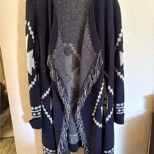 Artisan Ny Navy and White Fringed Cardigan